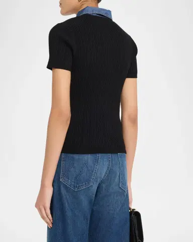 Elie Tahari July Remington Denim Collar Short-Sleeve Sweater | Thumbnail 3 Elie Tahari July Remington Denim Collar Short-Sleeve Sweater | Thumbnail 3