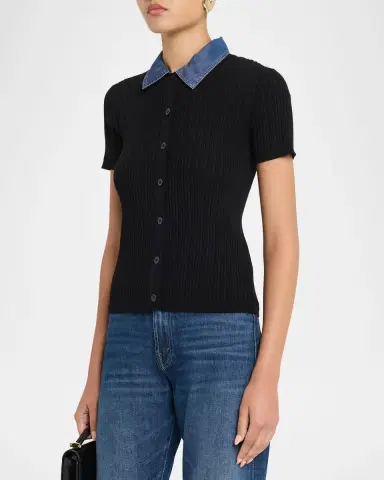 Elie Tahari July Remington Denim Collar Short-Sleeve Sweater | Thumbnail 4 Elie Tahari July Remington Denim Collar Short-Sleeve Sweater | Thumbnail 4
