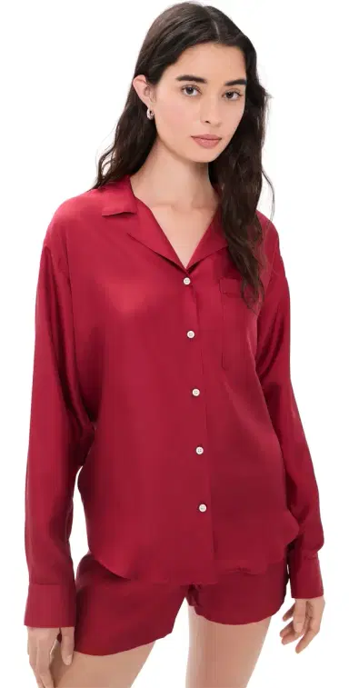 Comme Si Notched Collar Long Sleeve Shirt Deep Red | Thumbnail 1 Comme Si Notched Collar Long Sleeve Shirt Deep Red | Thumbnail 1