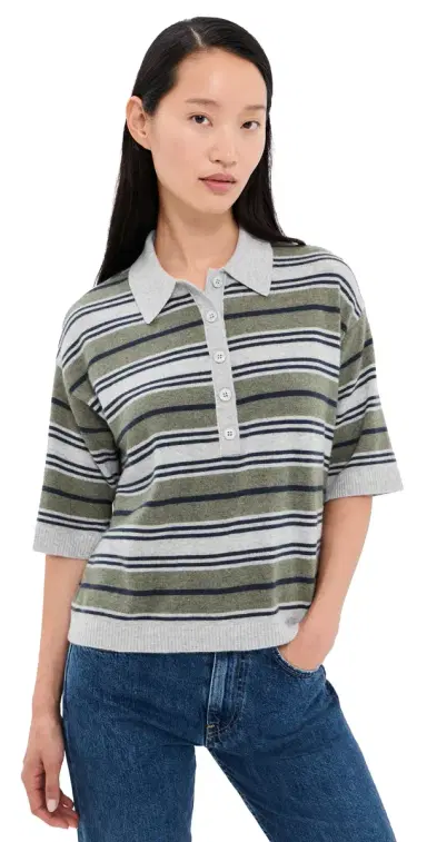 TWP Stripe Polo Pullover Moss/Night ky/Light Heather | Thumbnail 1 TWP Stripe Polo Pullover Moss/Night ky/Light Heather | Thumbnail 1