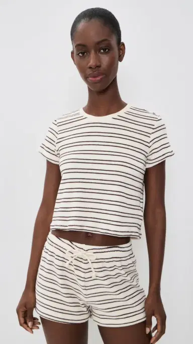 perfectwhitetee Eve Loop Terry tripe Short Sleeve Shirt Natural/Chocolate tripe | Thumbnail 2 perfectwhitetee Eve Loop Terry tripe Short Sleeve Shirt Natural/Chocolate tripe | Thumbnail 2