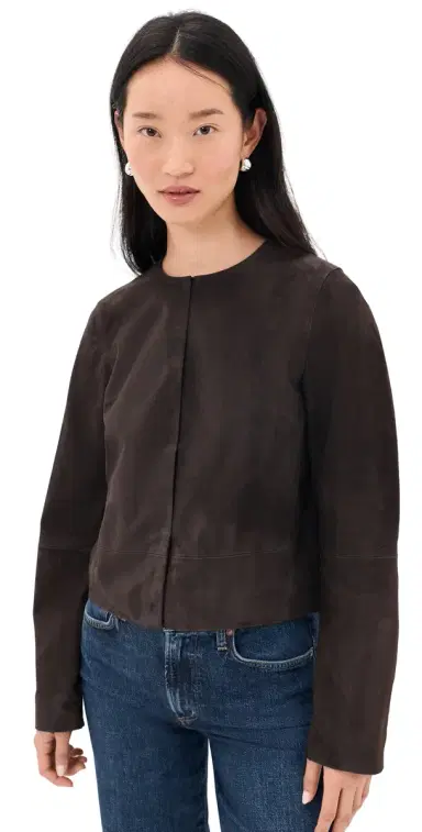 Vince Collarless Cropped Suede Jacket Iron | Thumbnail 1 Vince Collarless Cropped Suede Jacket Iron | Thumbnail 1
