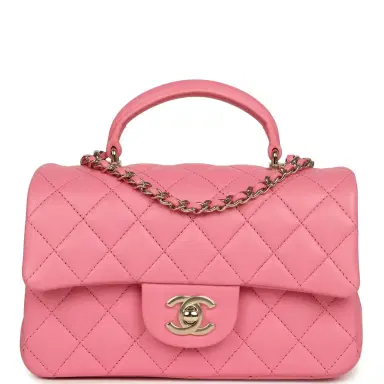 Chanel Chanel Mini Rectangular Flap Bag with Top Handle Pink Lambskin Light Gold Hardware | Thumbnail 1 Chanel Chanel Mini Rectangular Flap Bag with Top Handle Pink Lambskin Light Gold Hardware | Thumbnail 1