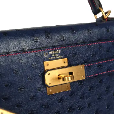 HERMÈS Pre-owned Hermes Special Order (HSS) Kelly Sellier 28 Bleu Iris Verso Ostrich Brushed Gold Hardware | Thumbnail 7 HERMÈS Pre-owned Hermes Special Order (HSS) Kelly Sellier 28 Bleu Iris Verso Ostrich Brushed Gold Hardware | Thumbnail 7