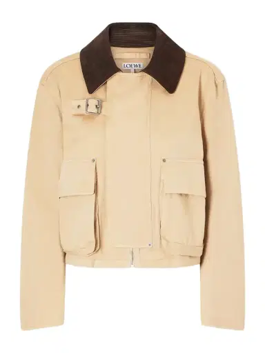 Loewe Cropped Belted Corduroy-trimmed Cotton-gabardine Jacket | Thumbnail 1 Loewe Cropped Belted Corduroy-trimmed Cotton-gabardine Jacket | Thumbnail 1