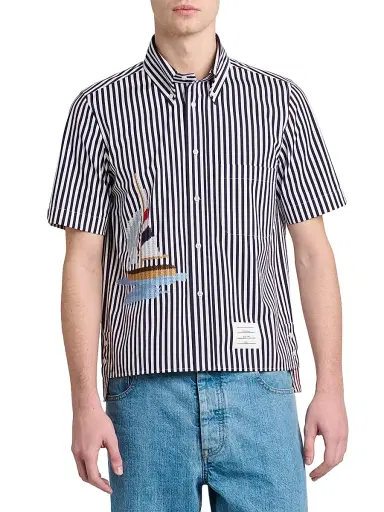 Thom Browne Men's Sailboat-Embroidered Uni Wide Striped Poplin Shirt - Navy - Size XXL | Thumbnail 3 Thom Browne Men's Sailboat-Embroidered Uni Wide Striped Poplin Shirt - Navy - Size XXL | Thumbnail 3