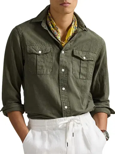 Polo Ralph Lauren Men's Linen-Silk Canvas Utility Shirt - Olive | Thumbnail 3 Polo Ralph Lauren Men's Linen-Silk Canvas Utility Shirt - Olive | Thumbnail 3