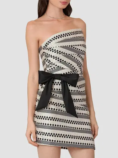 Shoshanna Women's Shelley Geometric-Pattern Bow Strapless Mini Dress - Ecru Jet | Thumbnail 4 Shoshanna Women's Shelley Geometric-Pattern Bow Strapless Mini Dress - Ecru Jet | Thumbnail 4