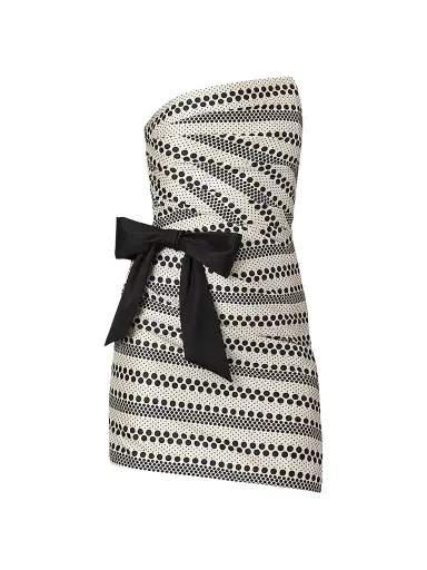 Shoshanna Women's Shelley Geometric-Pattern Bow Strapless Mini Dress - Ecru Jet | Thumbnail 1 Shoshanna Women's Shelley Geometric-Pattern Bow Strapless Mini Dress - Ecru Jet | Thumbnail 1