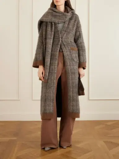 Brunello Cucinelli Scarf-detailed Belted Checked Brushed Wool-blend Coat | Thumbnail 2 Brunello Cucinelli Scarf-detailed Belted Checked Brushed Wool-blend Coat | Thumbnail 2
