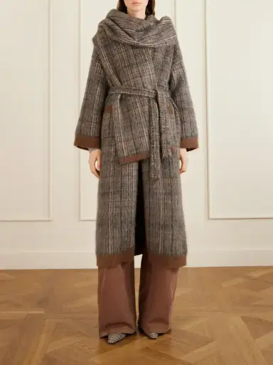 Brunello Cucinelli Scarf-detailed Belted Checked Brushed Wool-blend Coat | Thumbnail 3 Brunello Cucinelli Scarf-detailed Belted Checked Brushed Wool-blend Coat | Thumbnail 3