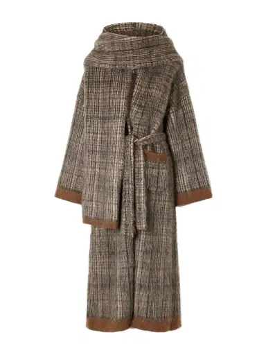 Brunello Cucinelli Scarf-detailed Belted Checked Brushed Wool-blend Coat | Thumbnail 1 Brunello Cucinelli Scarf-detailed Belted Checked Brushed Wool-blend Coat | Thumbnail 1
