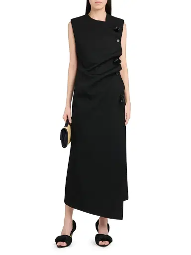 Bottega Veneta Women's Buttoned Sleeveless Shift Midi Dress - Double Black - Size 10 | Thumbnail 2 Bottega Veneta Women's Buttoned Sleeveless Shift Midi Dress - Double Black - Size 10 | Thumbnail 2