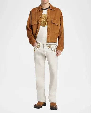 Versace Men's Crystal-Embroidered Straight-Leg Denim Jeans | Thumbnail 2 Versace Men's Crystal-Embroidered Straight-Leg Denim Jeans | Thumbnail 2