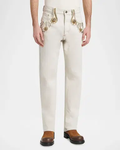 Versace Men's Crystal-Embroidered Straight-Leg Denim Jeans | Thumbnail 4 Versace Men's Crystal-Embroidered Straight-Leg Denim Jeans | Thumbnail 4