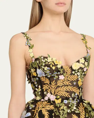 Oscar de la Renta Mixed Botanical Embroidered Tulle High-Low Bustier Dress | Thumbnail 5 Oscar de la Renta Mixed Botanical Embroidered Tulle High-Low Bustier Dress | Thumbnail 5
