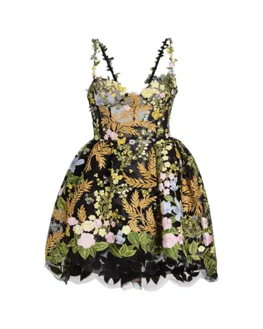Oscar de la Renta Mixed Botanical Embroidered Tulle High-Low Bustier Dress | Thumbnail 1 Oscar de la Renta Mixed Botanical Embroidered Tulle High-Low Bustier Dress | Thumbnail 1