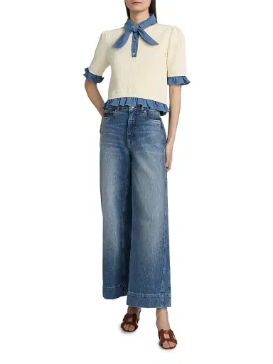Cinq à Sept Women's Shelly Denim-Trimmed Sweater - Ivory Light Wash - Size XL | Thumbnail 2 Cinq à Sept Women's Shelly Denim-Trimmed Sweater - Ivory Light Wash - Size XL | Thumbnail 2