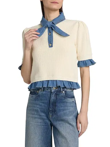 Cinq à Sept Women's Shelly Denim-Trimmed Sweater - Ivory Light Wash - Size XL | Thumbnail 3 Cinq à Sept Women's Shelly Denim-Trimmed Sweater - Ivory Light Wash - Size XL | Thumbnail 3
