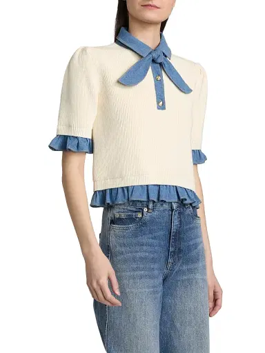 Cinq à Sept Women's Shelly Denim-Trimmed Sweater - Ivory Light Wash - Size XL | Thumbnail 4 Cinq à Sept Women's Shelly Denim-Trimmed Sweater - Ivory Light Wash - Size XL | Thumbnail 4
