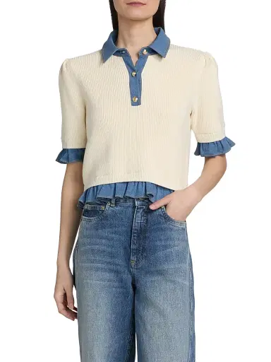 Cinq à Sept Women's Shelly Denim-Trimmed Sweater - Ivory Light Wash - Size XL | Thumbnail 6 Cinq à Sept Women's Shelly Denim-Trimmed Sweater - Ivory Light Wash - Size XL | Thumbnail 6