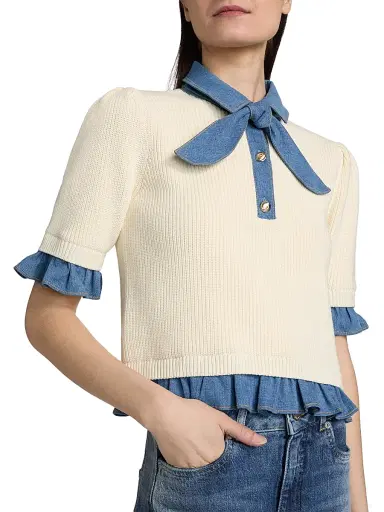 Cinq à Sept Women's Shelly Denim-Trimmed Sweater - Ivory Light Wash - Size XL | Thumbnail 7 Cinq à Sept Women's Shelly Denim-Trimmed Sweater - Ivory Light Wash - Size XL | Thumbnail 7
