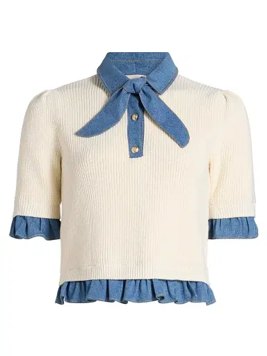 Cinq à Sept Women's Shelly Denim-Trimmed Sweater - Ivory Light Wash - Size XL | Thumbnail 1 Cinq à Sept Women's Shelly Denim-Trimmed Sweater - Ivory Light Wash - Size XL | Thumbnail 1