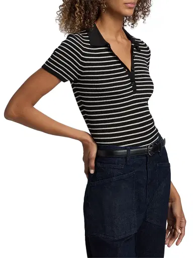 Nili Lotan Women's Fenna Striped Silk Polo Shirt - Black Thin Ivory Stripe - Size XL | Thumbnail 4 Nili Lotan Women's Fenna Striped Silk Polo Shirt - Black Thin Ivory Stripe - Size XL | Thumbnail 4