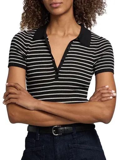 Nili Lotan Women's Fenna Striped Silk Polo Shirt - Black Thin Ivory Stripe - Size XL | Thumbnail 6 Nili Lotan Women's Fenna Striped Silk Polo Shirt - Black Thin Ivory Stripe - Size XL | Thumbnail 6