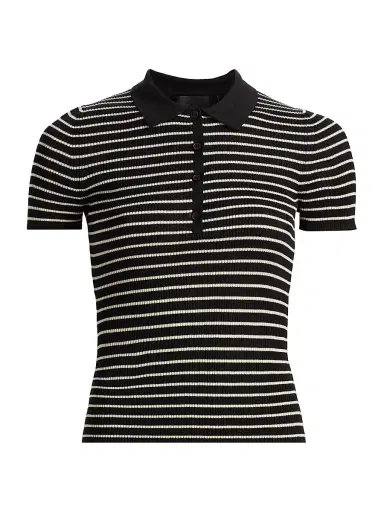 Nili Lotan Women's Fenna Striped Silk Polo Shirt - Black Thin Ivory Stripe - Size XL | Thumbnail 1 Nili Lotan Women's Fenna Striped Silk Polo Shirt - Black Thin Ivory Stripe - Size XL | Thumbnail 1