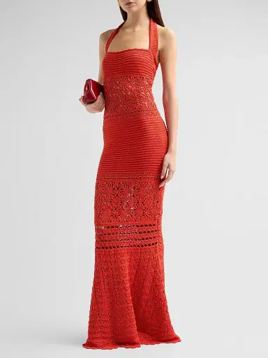 Retrofête Women's Peggie Crochet Halter Maxi Dress - Geranium | Thumbnail 4 Retrofête Women's Peggie Crochet Halter Maxi Dress - Geranium | Thumbnail 4