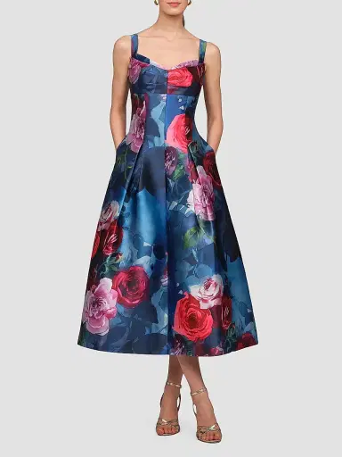 Kay Unger Women's Adria Floral Satin Tea-Length Dress - Ink Blue Multi | Thumbnail 2 Kay Unger Women's Adria Floral Satin Tea-Length Dress - Ink Blue Multi | Thumbnail 2