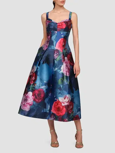Kay Unger Women's Adria Floral Satin Tea-Length Dress - Ink Blue Multi | Thumbnail 3 Kay Unger Women's Adria Floral Satin Tea-Length Dress - Ink Blue Multi | Thumbnail 3