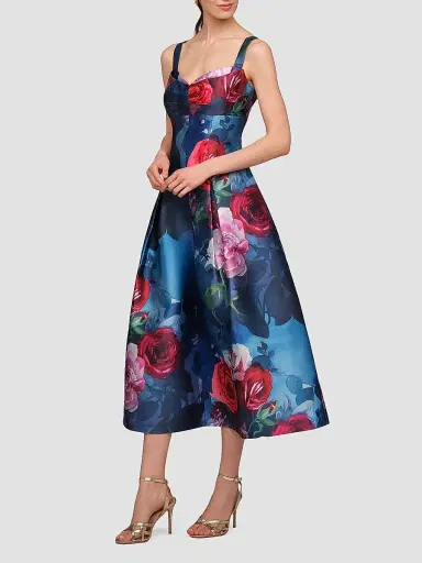 Kay Unger Women's Adria Floral Satin Tea-Length Dress - Ink Blue Multi | Thumbnail 4 Kay Unger Women's Adria Floral Satin Tea-Length Dress - Ink Blue Multi | Thumbnail 4