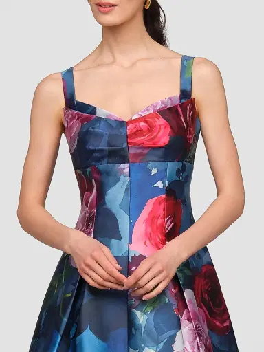 Kay Unger Women's Adria Floral Satin Tea-Length Dress - Ink Blue Multi | Thumbnail 6 Kay Unger Women's Adria Floral Satin Tea-Length Dress - Ink Blue Multi | Thumbnail 6