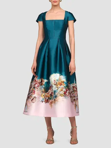 Kay Unger Women's Amaya Satin Floral-Hem Tea-Length Dress - Teal Pink | Thumbnail 2 Kay Unger Women's Amaya Satin Floral-Hem Tea-Length Dress - Teal Pink | Thumbnail 2