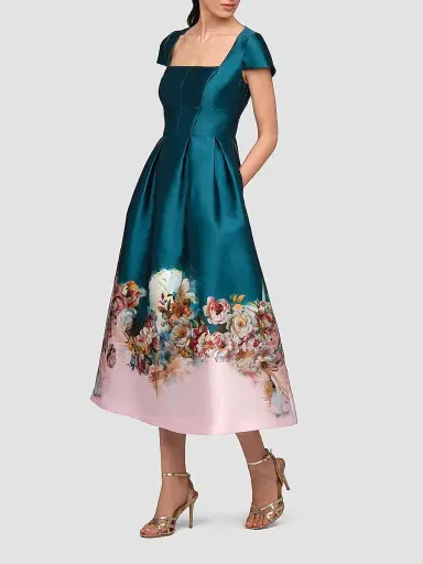 Kay Unger Women's Amaya Satin Floral-Hem Tea-Length Dress - Teal Pink | Thumbnail 4 Kay Unger Women's Amaya Satin Floral-Hem Tea-Length Dress - Teal Pink | Thumbnail 4