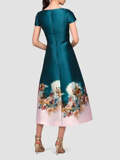 Kay Unger Women's Amaya Satin Floral-Hem Tea-Length Dress - Teal Pink | Thumbnail 5 Kay Unger Women's Amaya Satin Floral-Hem Tea-Length Dress - Teal Pink | Thumbnail 5