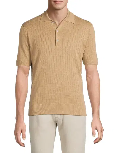 Canali Men's Grid Silk-Cotton Polo Shirt - Light Brown | Thumbnail 3 Canali Men's Grid Silk-Cotton Polo Shirt - Light Brown | Thumbnail 3