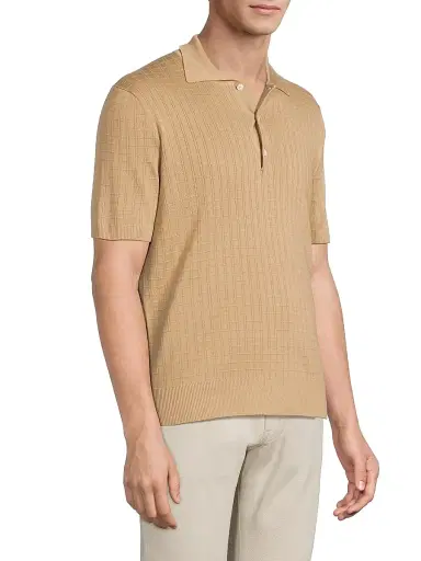 Canali Men's Grid Silk-Cotton Polo Shirt - Light Brown | Thumbnail 4 Canali Men's Grid Silk-Cotton Polo Shirt - Light Brown | Thumbnail 4