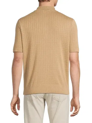 Canali Men's Grid Silk-Cotton Polo Shirt - Light Brown | Thumbnail 5 Canali Men's Grid Silk-Cotton Polo Shirt - Light Brown | Thumbnail 5