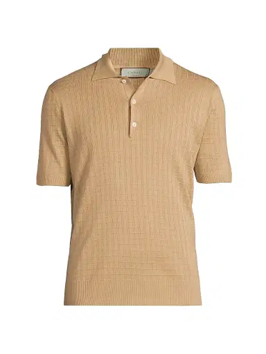 Canali Men's Grid Silk-Cotton Polo Shirt - Light Brown | Thumbnail 1 Canali Men's Grid Silk-Cotton Polo Shirt - Light Brown | Thumbnail 1