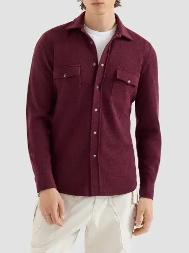 Brunello Cucinelli Men's Virgin Wool, Cashmere and Silk Knit Shirt - Burgundy | Thumbnail 2 Brunello Cucinelli Men's Virgin Wool, Cashmere and Silk Knit Shirt - Burgundy | Thumbnail 2
