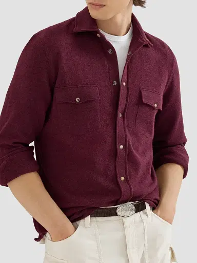 Brunello Cucinelli Men's Virgin Wool, Cashmere and Silk Knit Shirt - Burgundy | Thumbnail 5 Brunello Cucinelli Men's Virgin Wool, Cashmere and Silk Knit Shirt - Burgundy | Thumbnail 5