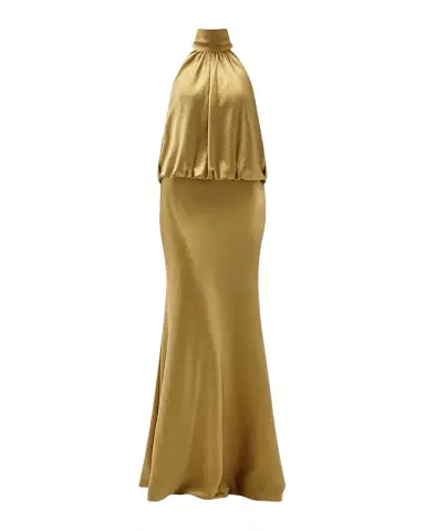 Amsale Long Satin Halter Blouson Gown | Thumbnail 1 Amsale Long Satin Halter Blouson Gown | Thumbnail 1