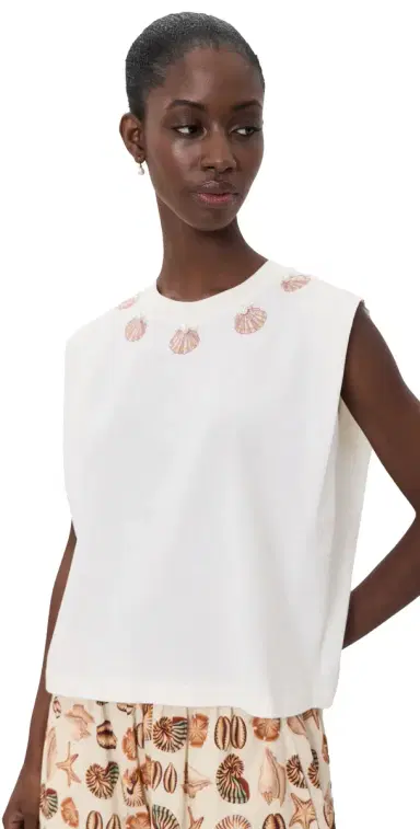 Farm Rio eashell Embroidered Tee Off-White | Thumbnail 1 Farm Rio eashell Embroidered Tee Off-White | Thumbnail 1