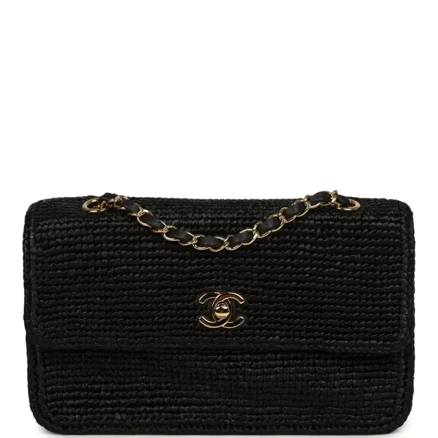 Chanel Small Flap Bag Black Braided Raffia Gold Hardware Chanel Small Flap Bag Black Braided Raffia Gold Hardware