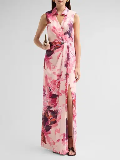 Aidan Mattox Women's Floral Sateen Mock Wrap Maxi Dress - Pink Multi | Thumbnail 2 Aidan Mattox Women's Floral Sateen Mock Wrap Maxi Dress - Pink Multi | Thumbnail 2