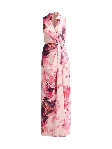 Aidan Mattox Women's Floral Sateen Mock Wrap Maxi Dress - Pink Multi | Thumbnail 1 Aidan Mattox Women's Floral Sateen Mock Wrap Maxi Dress - Pink Multi | Thumbnail 1
