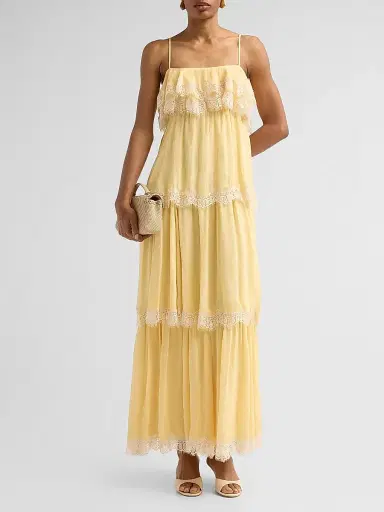 Hemant & Nandita Women's Lace-Trim Tiered Maxi Dress - Yellow | Thumbnail 2 Hemant & Nandita Women's Lace-Trim Tiered Maxi Dress - Yellow | Thumbnail 2